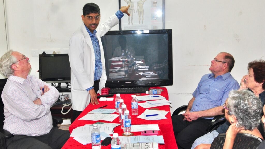Dr S R Narahari, Chairman, IAD, Dr Terence John Ryan, Emeritus professor of dermatology, Green Templeton College, Oxford, UK and other medical experts reviewing the treatment procedures at IAD campus in Kasargod, Kerala.