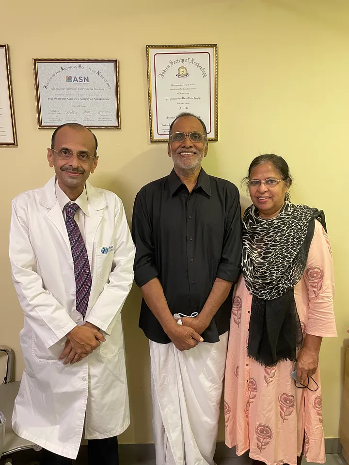 Dr Narayanan Unni, Head of Department of Nephrology, Aster Medcity with Sebastian Mavely and Lucy Davis ten days after the transplant surgery. Image Credit: Leo Maveli