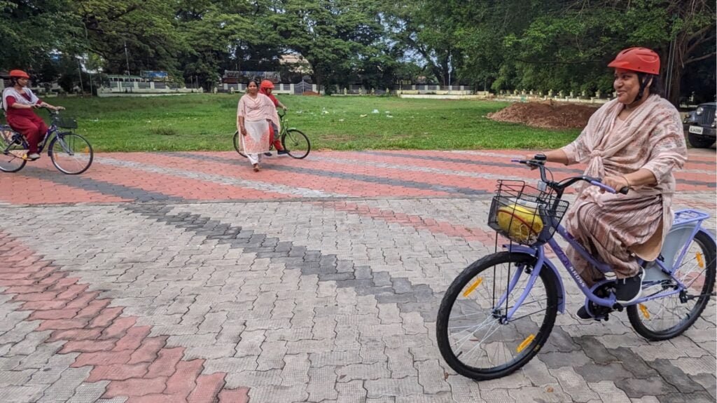 Women learning cycling at Fort Kochi in Kerala.