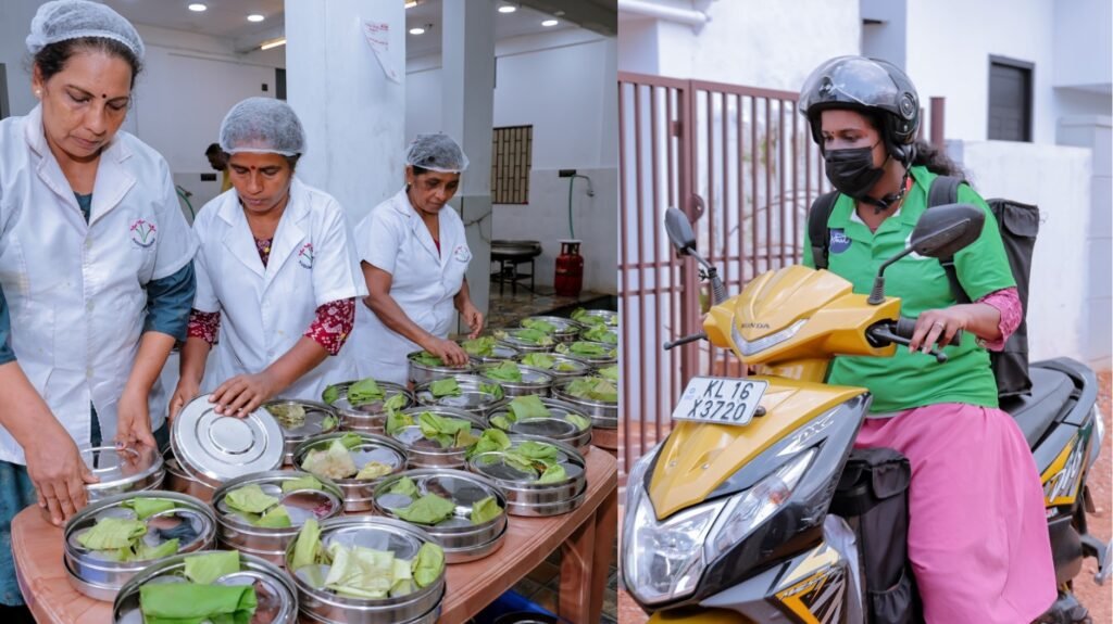 Kudumbashree workers preparing meals for delivery in steel lunch boxes at a kitchen run by Kudumbashree in Thiruvananthapuram.