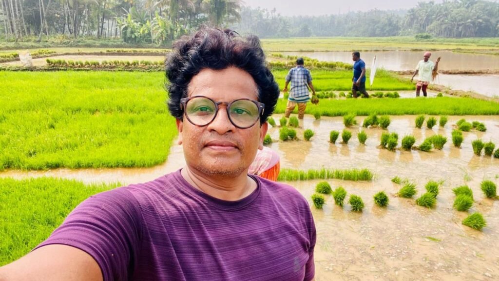 M Sreekumar Amban at his paddy field in Kannur, Kerala.