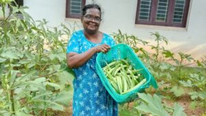 E.Soshamma at her vegetable farm in Kollam, Kerala.