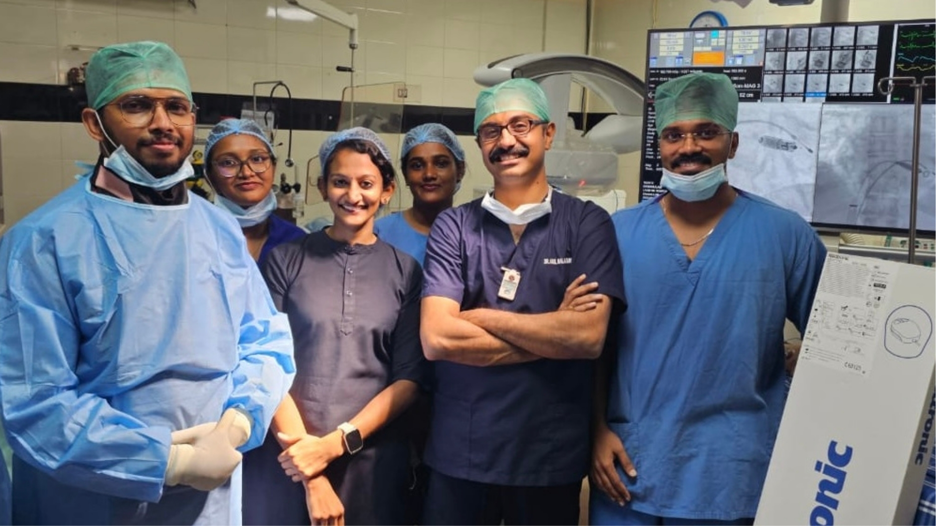 Lakshmi Hospital Senior Consultant Cardiologist Dr Anil Balachandran (second from right) along with the support staff at Lakshmi Hospital in Kochi.
